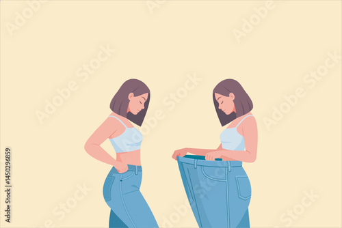 Vector illustration of a young woman showing weight loss success by wearing oversized jeans. Flat style, minimal background, body transformation concept, healthy lifestyle, fitness achievement.