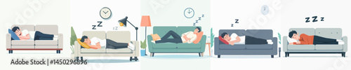 a man is sleeping on the sofa style vector flat design