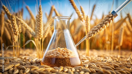 Detailed image of bioethanol being slowly poured from a beaker into a laboratory flask, with wheat and barley grains visible in the background , chemical experiment, flask
