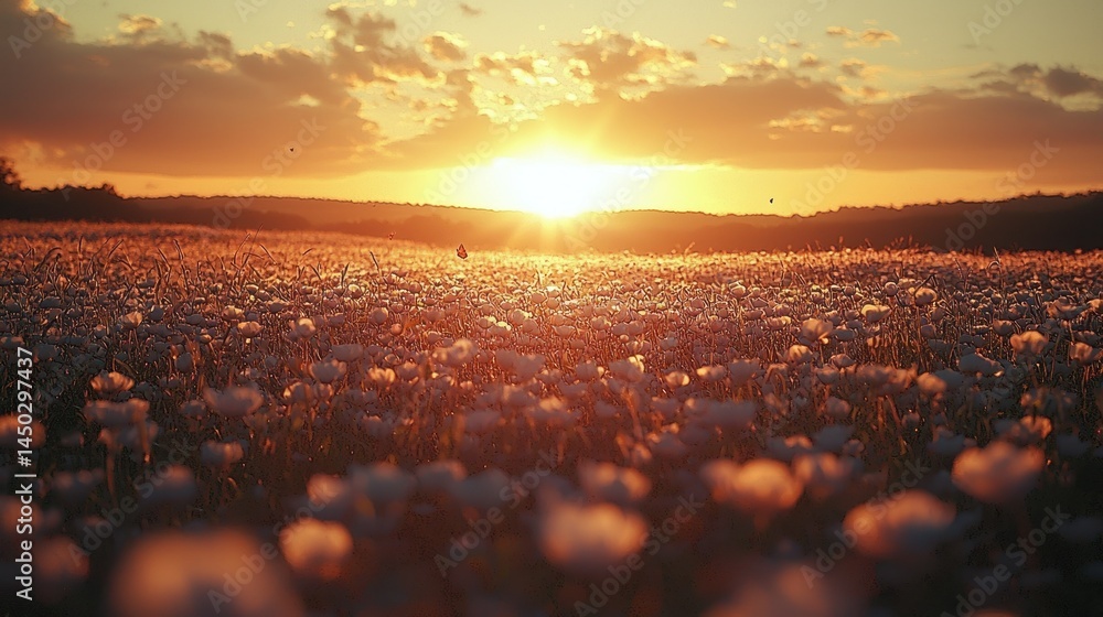 Obraz premium Ethereal sunset illumination over a blooming wildflower meadow landscape