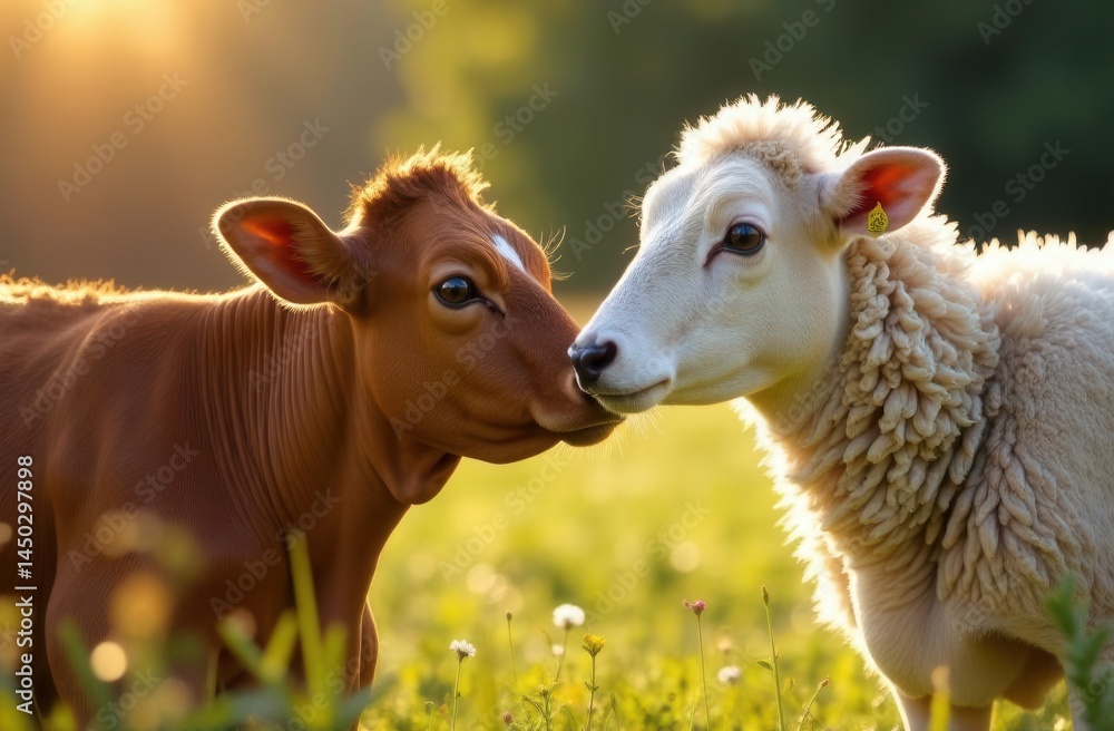 Obraz premium Adorable calf and lamb in sunlit meadow embrace friendship