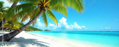 Palm trees sway on pristine coral beach, turquoise Caribbean sea in background, idyllic, vista