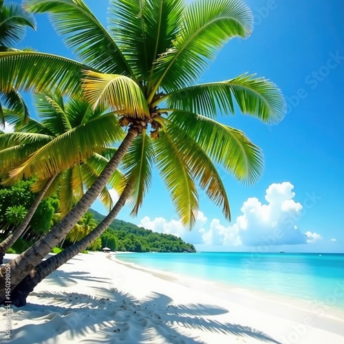 Palm trees leaning over a pristine white sand beach, view, paradise, summer