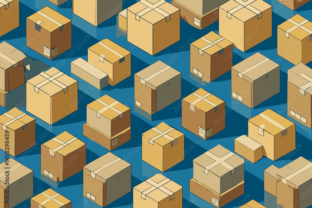 Fototapeta premium Symmetrical arrangement of brown cardboard moving boxes on blue background, creating visually appealing pattern. Ideal for storage or moving themes