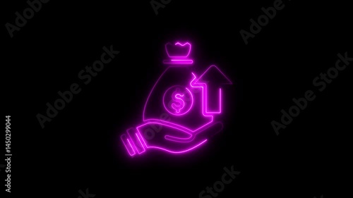 Neon symbol of financial growth with money bag and upward arrow on black