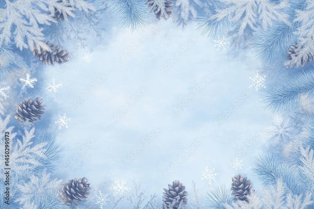 Winter wonderland frame with frosted branches, pine cones, and snowflakes on a light blue background Winter wonderland frame with frosted branches, pine cones, and snowflakes on a light blue background