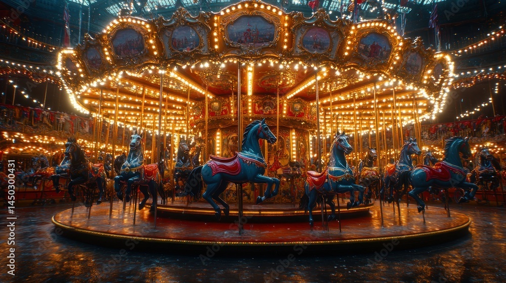 Illuminated carousel spinning indoors, winter market backdrop Illuminated carousel spinning indoors, winter market backdrop