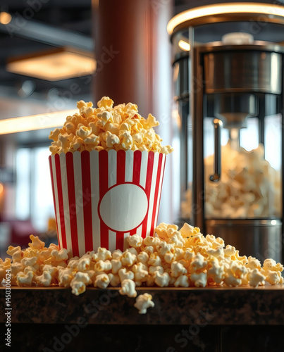 Freshly popped popcorn overflowing from a striped bucket in a modern cinema setting during a lively evening