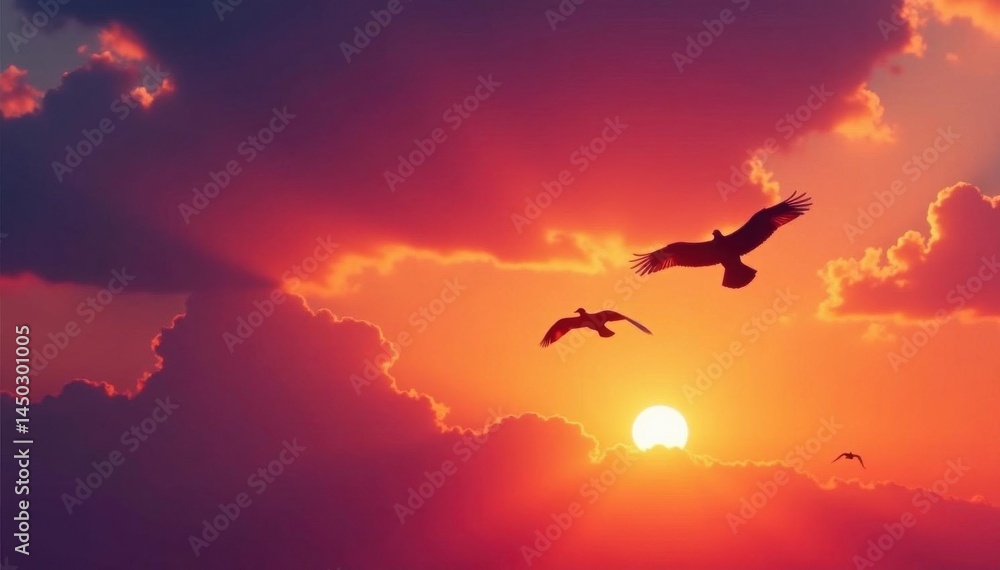 Fototapeta premium Silhouetted birds soar against vibrant sunset hues , serenity, clouds, sky