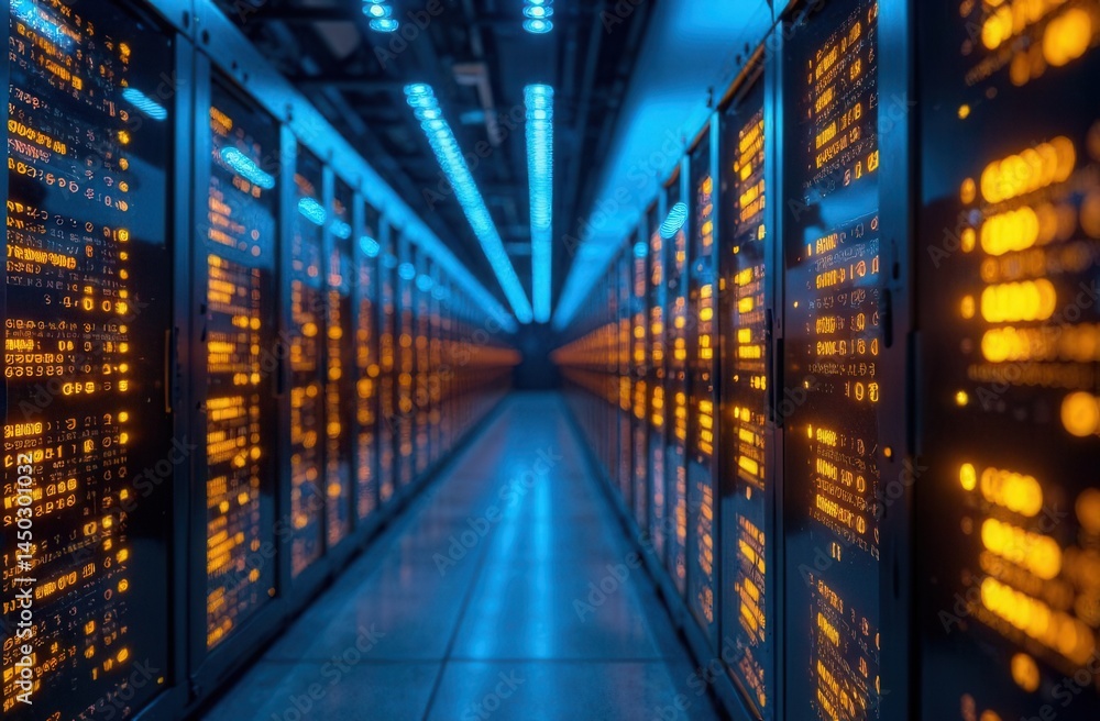 Fototapeta premium Advanced data center technology with illuminated servers in a modern facility