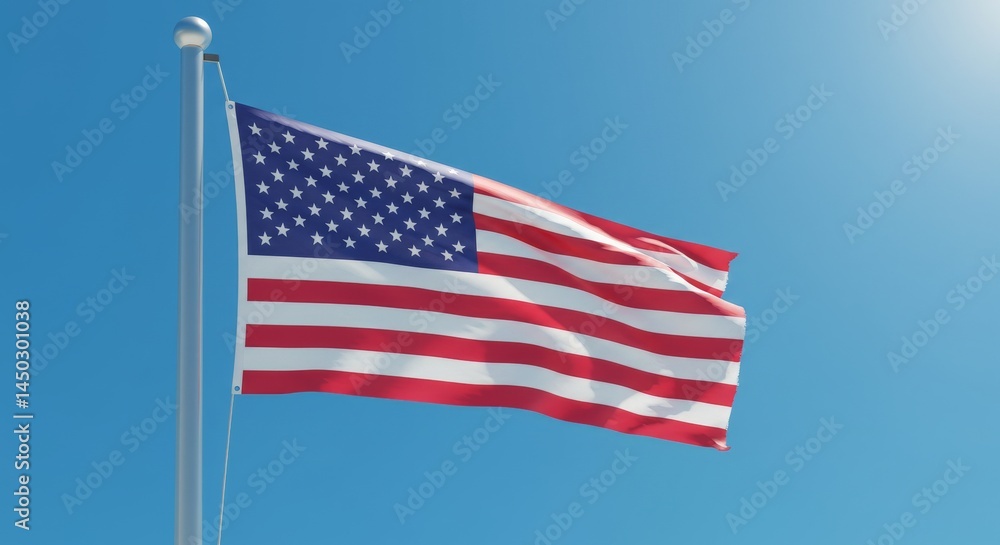 American Flag Waving Gently Under a Brilliant Blue Sky, Displaying Patriotism American Flag Waving Gently Under a Brilliant Blue Sky, Displaying Patriotism