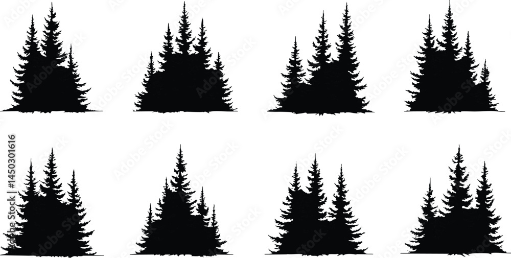 Obraz premium Set of Christmas trees, black and white illustration