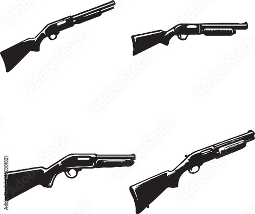 "Black Silhouette Collection of Shotguns - Tactical Firearm Vector Art"