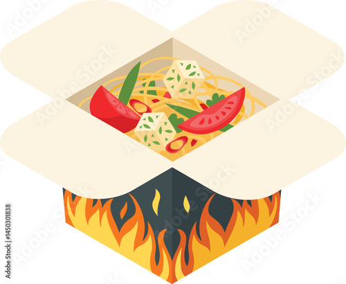Open white cardboard box with noodle Takeaway food Tasty meal for lunch Graphic element for promo flyer or poster Colorful isometric illustration Flat vector icon isolated on white background