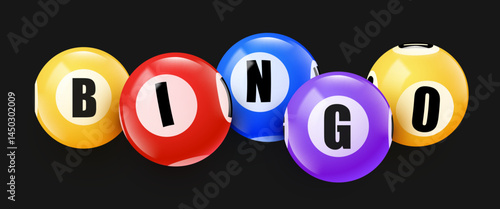 Bingo balls banner. 3D lotto game balls, lotteries gaming event.