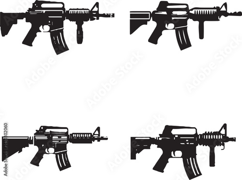 "Black Silhouettes of Assault Rifles - Military Firearm Vector Collection"