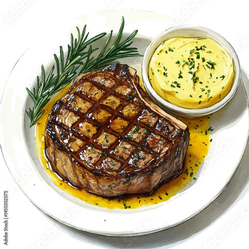 Grilled Steak With Herb Butter, vector watercolor illustration, isolated on a white background.