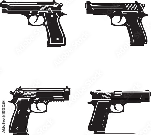 "Black and White Handgun Silhouettes - Firearm Vector Collection"