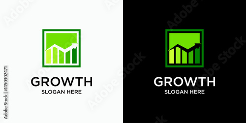 Vector logo design of growth graph in rectangular shape with arrow in modern, simple, clean and abstract style. Icon for business, consulting, finance and personal branding.