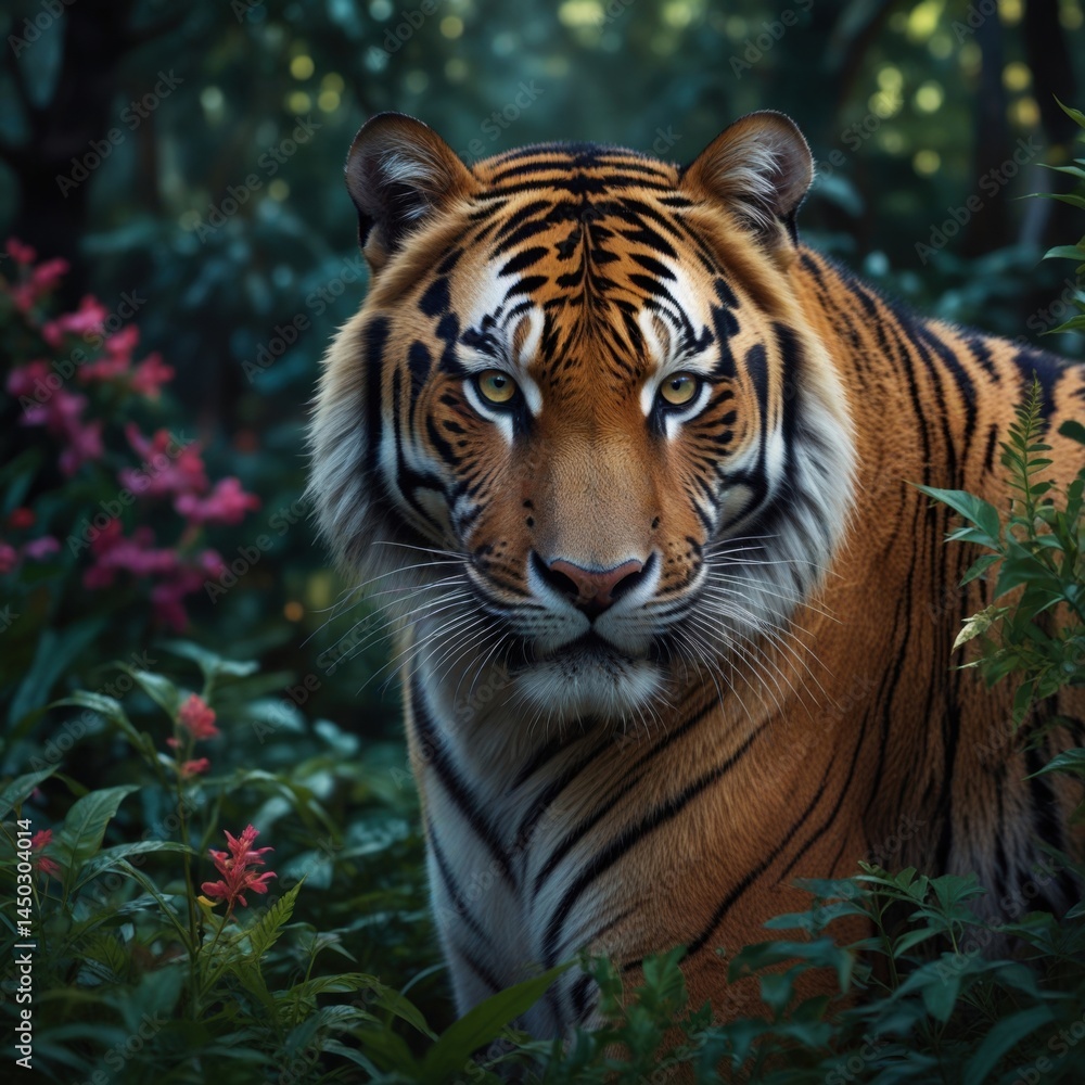 Fototapeta premium Striking tiger portrait: a wild cat with powerful gaze emerges from lush foliage, emphasizing natural world.