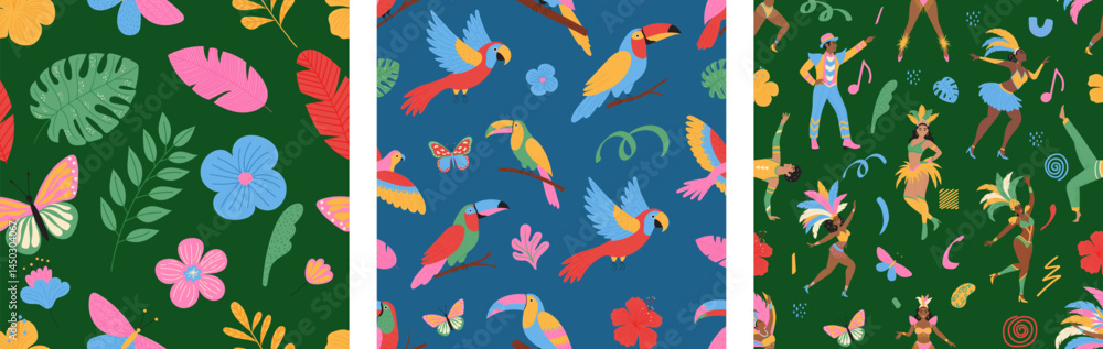 Obraz premium Brazilian carnival seamless pattern set. Tropical bird, flowers, dancing people. Modern vector illustration