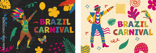 Colorful Rio carnival poster set with men in masquerade costume, floral elements, naive doodle shapes.