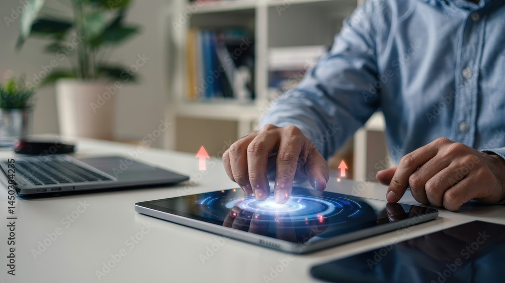 Close-up view of a person interacting with a digital tablet.