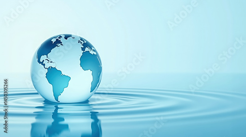 Globe floating in calm water with ripple effect on light blue background, minimalist 3D style. Use for climate campaigns, global water awareness, sustainability projects, and environmental education.