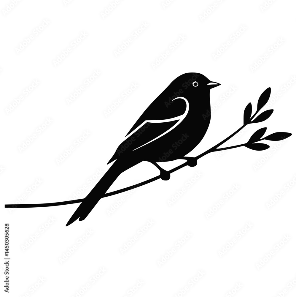Fototapeta premium Bird Silhouette on Branch Minimalist Illustration Isolated on White