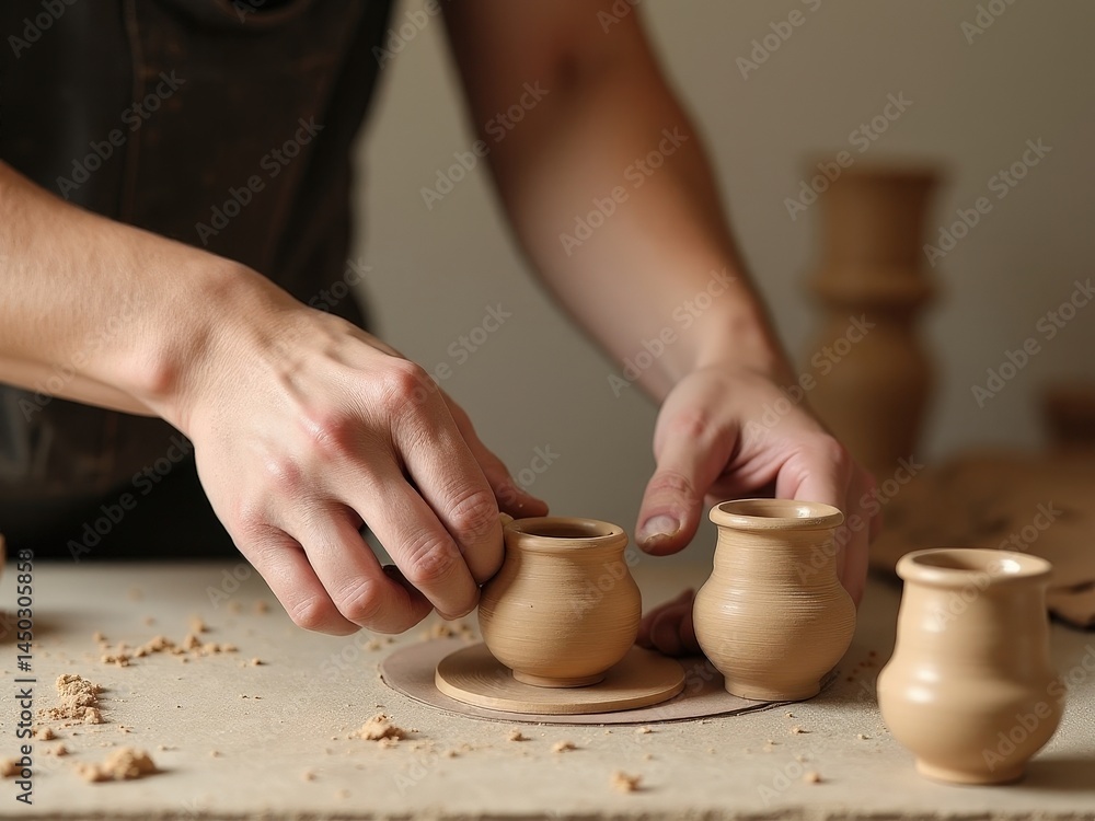 Fototapeta premium Person is creating a ceramic vase on a table. They are using their hands to shape the clay making ceramic products with your own hands