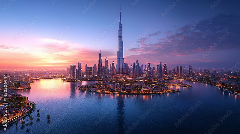 Fototapeta premium Dubai Skyline Sunrise Aerial View