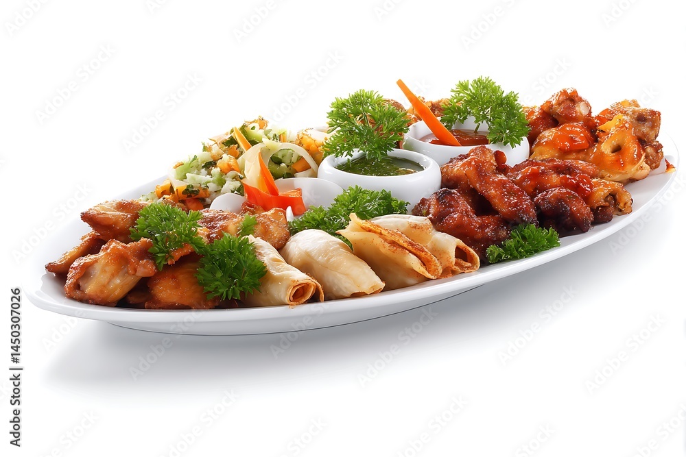 Fototapeta premium Appetizing Platter Of Fried Chicken Wings Spring Rolls And Salad On White Background