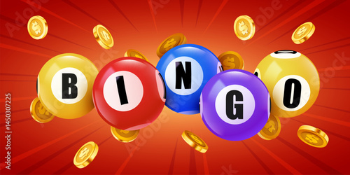 Bingo banner. Floating 3D lotto game balls, lotteries gaming event promotion with golden coins.