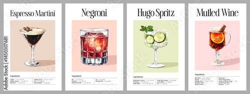 Espresso Martini, Negroni, Hugo Spritz, and Mulled Wine cocktails illustrated in watercolor style with ingredients. Set of four classic drink recipes on pastel backgrounds. Cocktail recipe 