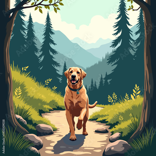 Labrador dog walking happily on a hiking trail in the forest  