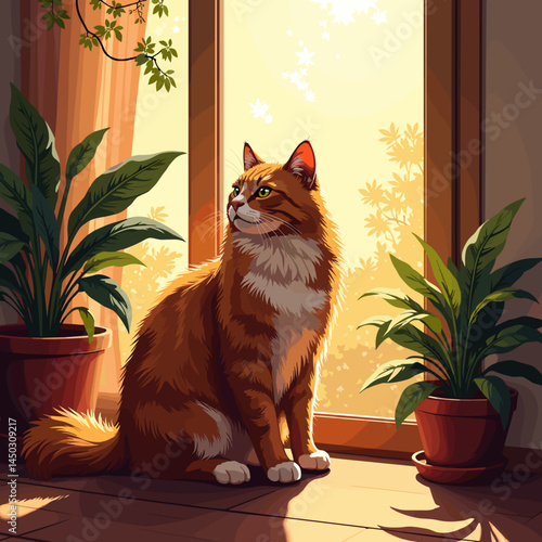 Norwegian Forest Cat basking in sunlight against indoor plants  