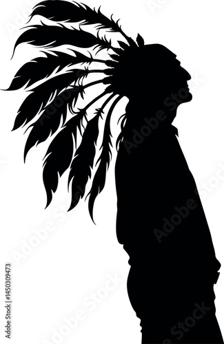 Captivating Native American Silhouette with Feathered Headdress Walking – A Striking Vector Illustration Showcasing Tribal Culture, Indigenous Heritage, and Timeless Traditional Design
