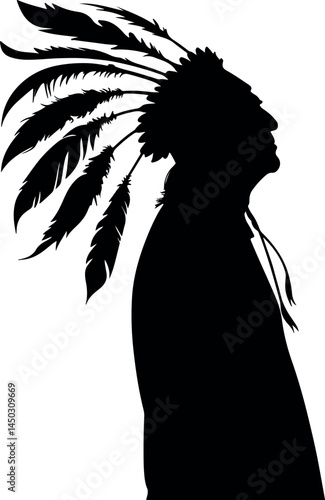 Captivating Native American Silhouette with Feathered Headdress Walking – A Striking Vector Illustration Showcasing Tribal Culture, Indigenous Heritage, and Timeless Traditional Design