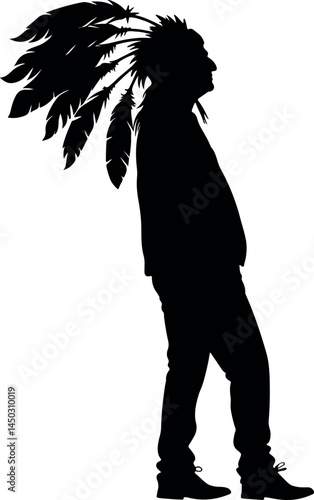 Captivating Native American Silhouette with Feathered Headdress Walking – A Striking Vector Illustration Showcasing Tribal Culture, Indigenous Heritage, and Timeless Traditional Design