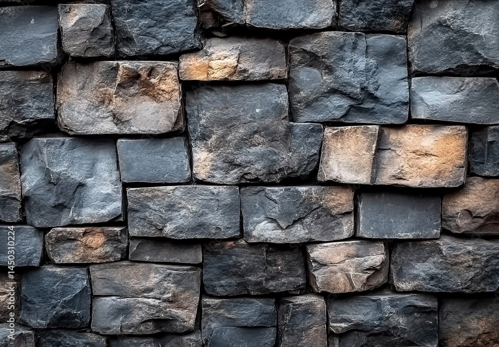 Obraz premium A close-up of a stone wall composed of irregularly-shaped large rocks.