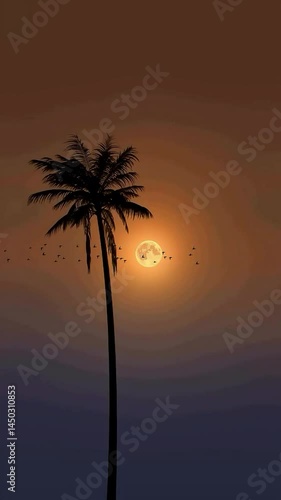 Silhouette of a palm tree against a dramatic sunset sky with a large orange moon