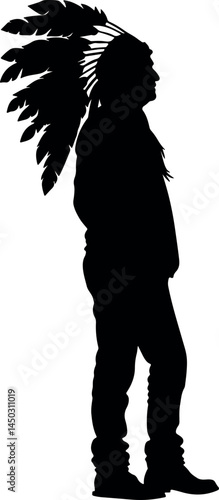 Captivating Native American Silhouette with Feathered Headdress Walking – A Striking Vector Illustration Showcasing Tribal Culture, Indigenous Heritage, and Timeless Traditional Design