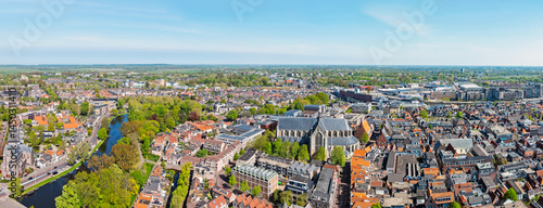 Aerial panorama  from the city Alkmaar with the Great St. Laurens church in the Netherlands