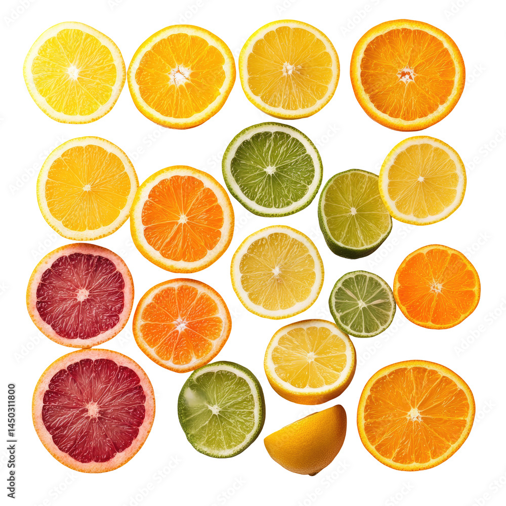 Citrus fruit slices arranged in a grid pattern. Variety of colors and shapes. Healthy, vibrant, and appetizing Citrus fruit slices arranged in a grid pattern. Variety of colors and shapes. Healthy, vibrant, and appetizing