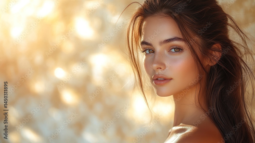 Woman with brown hair looking at the viewer in a sunlit outdoor setting. Woman with brown hair looking at the viewer in a sunlit outdoor setting.