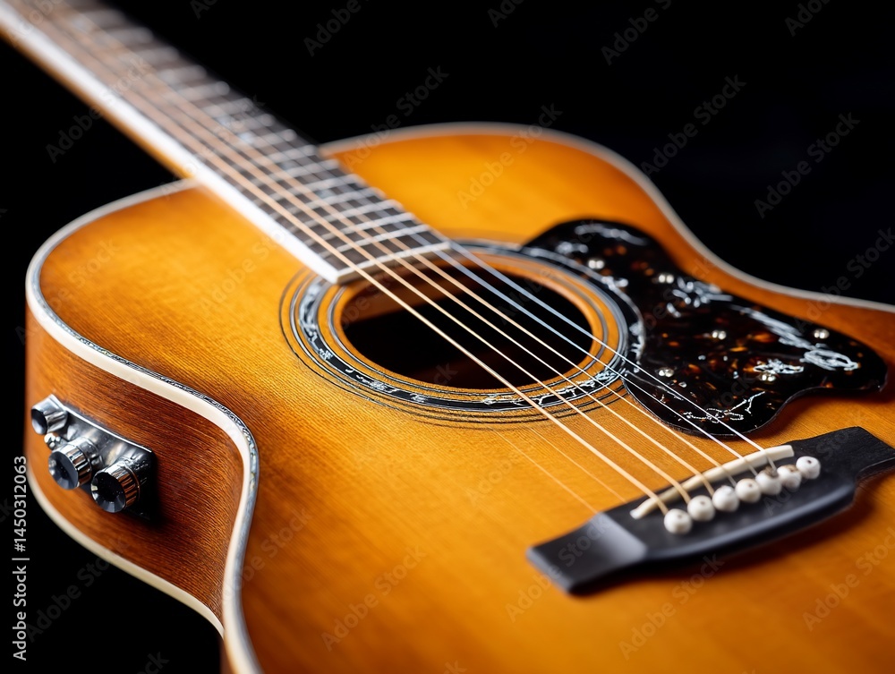Fototapeta premium Acoustic guitar gleams in focused spotlight
