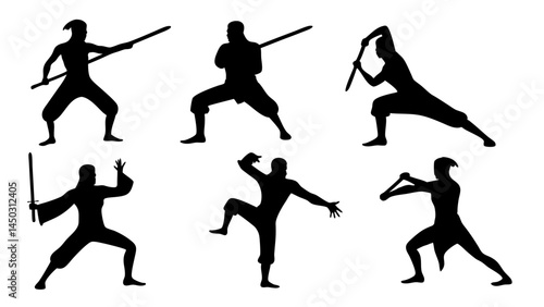 set of kungfu silhouette vector on tranparent background