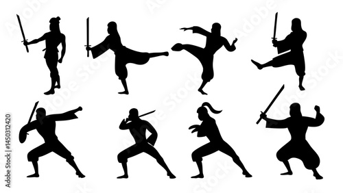 set of kungfu silhouette vector on tranparent background