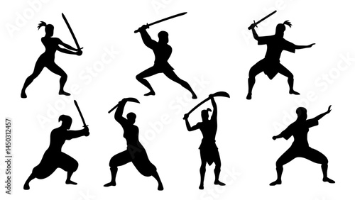 set of kungfu silhouette vector on tranparent background