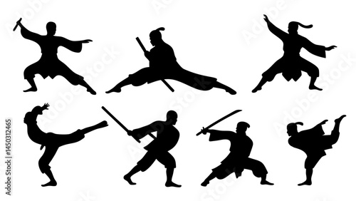 set of kungfu silhouette vector on tranparent background